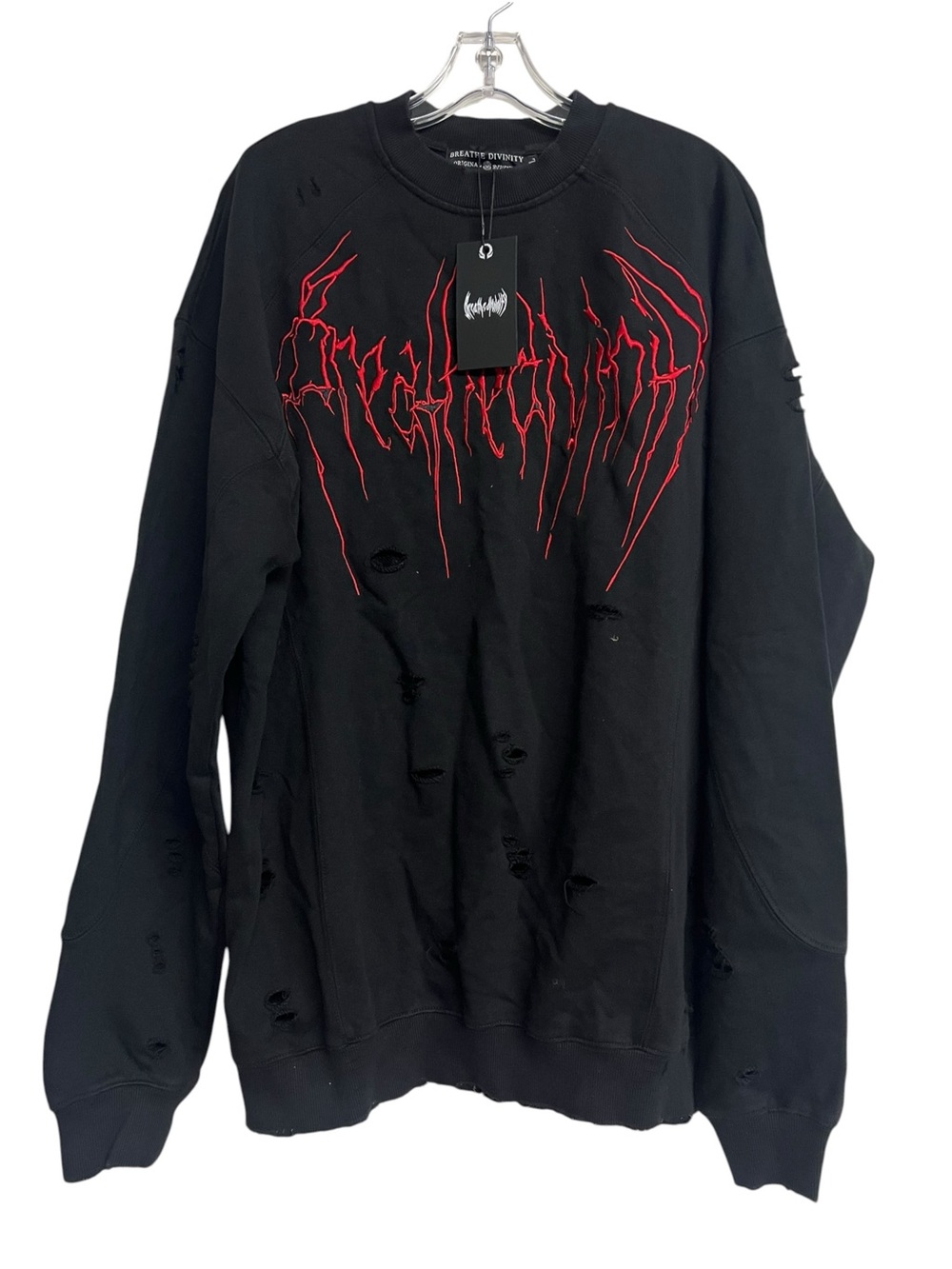 Mens Breathe Divinity Black Distressed Crewneck Sweatshirt